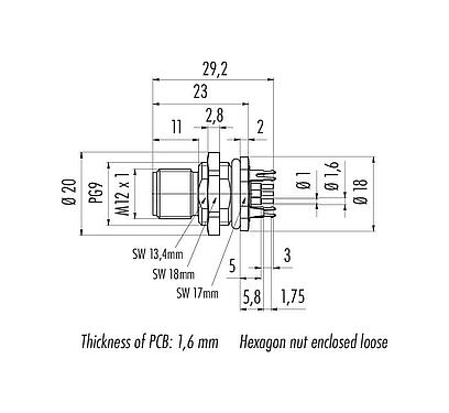 Dibujo a escala M12 Enchufe de brida, Número de contactos: 5, blindable, THT, IP68, UL 2238, PG 9, Montaje en pared, moldeado