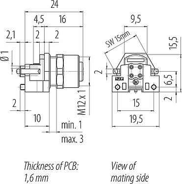 Scale drawing M12 Female panel mount connector, Contacts: 4, shieldable, THR, IP67, UL 2238, M12x1.0, Rear mounting