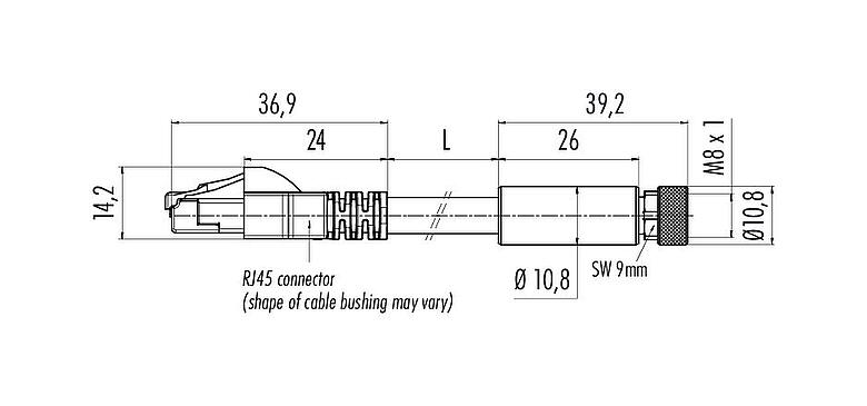 Scale drawing M8 Connecting cable female cable connector - RJ45 connector, Contacts: 4, shielded, molded/crimp, IP67, UL, Ethernet CAT5e, TPE, teal, 2 x 2 x AWG 24, 10 m