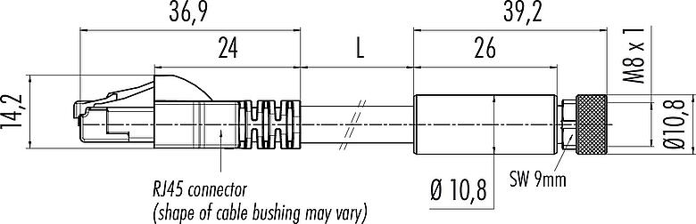 Scale drawing M8 Connecting cable female cable connector - RJ45 connector, Contacts: 4, shielded, molded/crimp, IP67, UL, Ethernet CAT5e, TPE, teal, 2 x 2 x AWG 24, 3 m