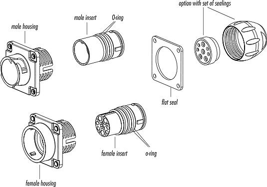 Component part drawing Bayonet Female panel mount connector, Contacts: 4+3+PE, unshielded, crimping (Crimp contacts must be ordered separately), IP68/IP69K, UL 2238, VDE, Front mounting, UV resistant