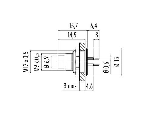 Dibujo a escala M9 Enchufe de brida, Número de contactos: 7, sin blindaje, THT, IP67, M12x0,5, Montaje en pared, moldeado
