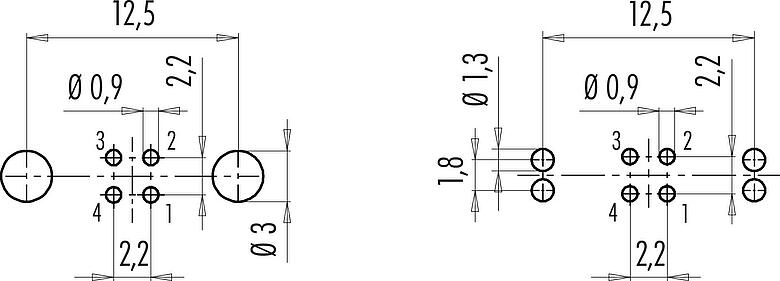 Conductor layout M9 Male panel mount connector, Contacts: 4, shieldable, THT, IP67, M12x0.5, Rear mounting, potted