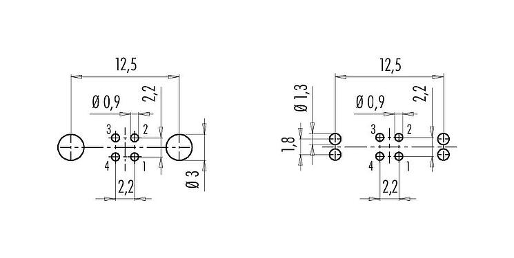 Conductor layout 09 0411 35 04 - M9 Male panel mount connector, Contacts: 4, shieldable, THT, IP67, Front mounting