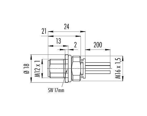 Scale drawing 09 0641 700 05 - M12 Male panel mount connector, Contacts: 4+FE, unshielded, single wires, IP68, UL, M16x1.5