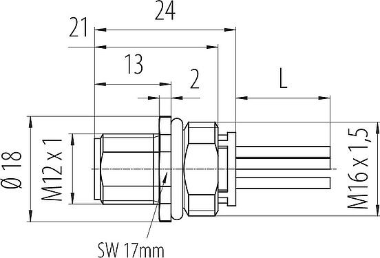 Dibujo a escala M12 Enchufe de brida, Número de contactos: 5, sin blindaje, hilos, IP68, UL 2238, M16x1,5, Montaje frontal, moldeado