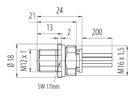 Dibujo a escala M12 Enchufe de brida, Número de contactos: 5, sin blindaje, hilos, IP68, UL 2238, M16x1,5, Montaje frontal, moldeado