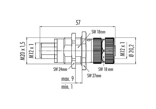 Scale drawing 09 5245 00 04 - M12 Lead-through for control cabinet, Contacts: 4, shielded, pluggable, IP67, UL