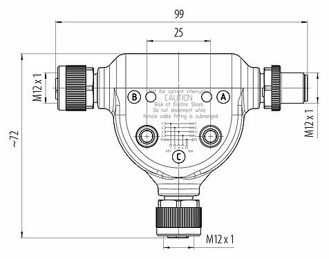 Dibujo a escala M12 Distribuidor doble, distribuidor de T, macho - 2 tomas, Número de contactos: 4+FE, sin blindaje, IP65, M12x1,0