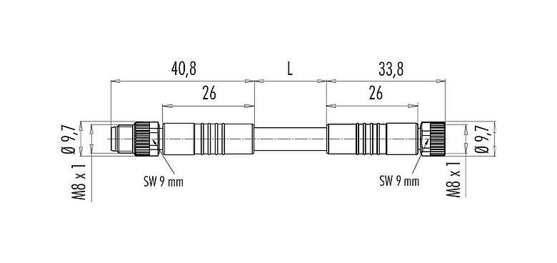Scale drawing M8 Connecting cable male cable connector - female cable connector, Contacts: 3, unshielded, moulded on the cable, IP67/IP69K, UL 2238, PUR, black, 3 x 0.34 mm², 1 m
