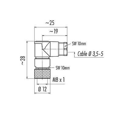 Scale drawing M8 Female angled connector, Contacts: 4, 3.5-5.0 mm, unshielded, solder, IP67, UL 2238