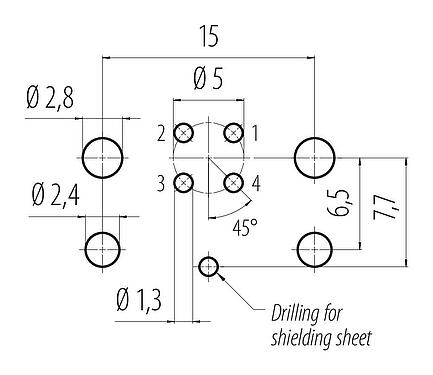 Conductor layout 99 3431 458 04 - M12 Male panel mount connector, Contacts: 4, shieldable, THR, IP68, UL 2238, for PCB assembly