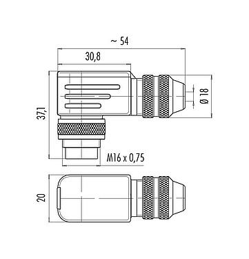 Dessin coté M16 Connecteur mâle coudé, Contacts: 19 (19-a), 4,0-6,0 mm, blindable, souder, IP67, UL 2238
