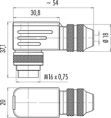Scale drawing M16 Male angled connector, Contacts: 8 (08-a), 4.0-6.0 mm, shieldable, solder, IP67, UL 2238