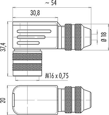 Scale drawing M16 Female angled connector, Contacts: 6 (06-a), 4.0-6.0 mm, shieldable, solder, IP67, UL 2238