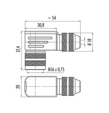 Scale drawing M16 Female angled connector, Contacts: 6 (06-a), 4.0-6.0 mm, shieldable, solder, IP67, UL 2238