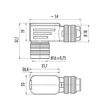 Dessin coté M16 Connecteur femelle coudé, Contacts: 7 (07-a), 6,0-8,0 mm, blindable, sertir (Les contacts à sertir doivent être commandés séparément), IP67, UL 2238
