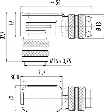Scale drawing M16 Female angled connector, Contacts: 6 (06-a), 6.0-8.0 mm, shieldable, solder, IP67