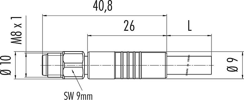 Dessin coté M8 Connecteur mâle, Contacts: 3, non blindé, surmoulé sur le câble, IP67/IP69K, UL 2238, PUR, noir, 3 x 0,34 mm², Acier inoxydable, 2 m