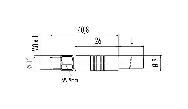 Scale drawing M8 Male cable connector, Contacts: 4, unshielded, moulded on the cable, IP67/IP69K, UL 2238, PVC, grey, 4 x 0.34 mm², stainless steel, 5 m