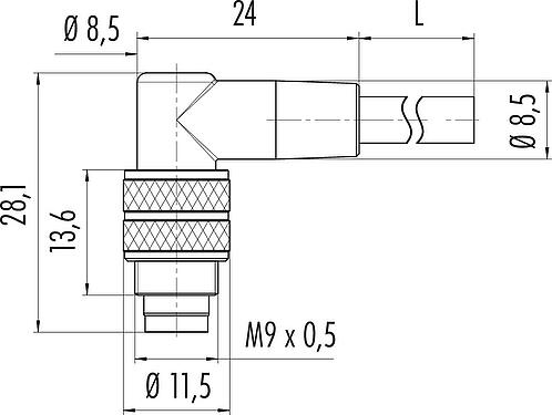 Scale drawing M9 Male angled connector, Contacts: 5, unshielded, moulded on the cable, IP67, PUR, black, 5 x 0.25 mm², 5 m