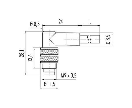 Scale drawing M9 Male angled connector, Contacts: 8, unshielded, moulded on the cable, IP67, PUR, black, 8 x 0.14 mm², 2 m