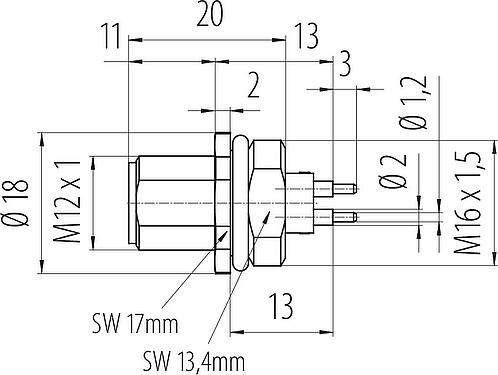 Dibujo a escala M12 Enchufe de brida, Número de contactos: 4, sin blindaje, THT, IP68, UL 2238, M16x1,5, Montaje frontal