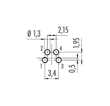Conductor layout 09 3391 81 04 - M8 Male panel mount connector, Contacts: 4, unshielded, THT, IP67, front fastened