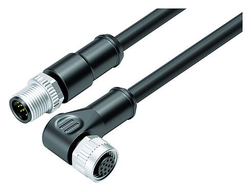Illustration M12 Connecting cable male cable connector - female angled connector, Contacts: 12, unshielded, moulded on the cable, IP68/IP69K, UL 2238, PVC, grey, 12 x 0.25 mm², 0.6 m