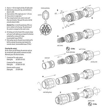 Instrucción de montaje Bayoneta Conector de cable macho, Número de contactos: 12, 7,0-13,0 mm, sin blindaje, crimpado (los contactos de crimpado deben pedirse por separado), IP68/IP69K, UL 2238, VDE, UV-Beständig