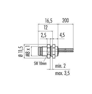 Scale drawing M8 Male panel mount connector, Contacts: 3, unshielded, single wires, IP67, UL 2238, M8x1.0, Rear mounting, potted