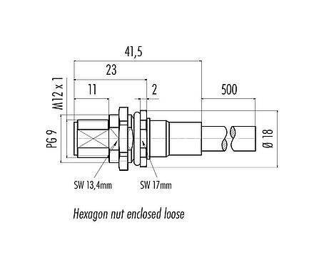 Scale drawing M12 Male panel mount connector, Contacts: 8, shielded, with cable assembled, IP68, PG 9, PUR, black, 8 x 0.25 mm², Rear mounting, 0.5 m