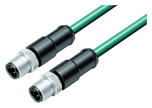 Illustration M12 Câble de raccordement 2 connecteurs mâle, Contacts: 4, blindé, surmoulé sur le câble, IP67, UL, Ethernet CAT5e, TPE, bleu/vert, 2 x 2 x AWG 24, 0,3 m