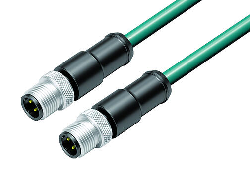 Illustration 77 4529 4529 34704-0300 - M12/M12 Connecting cable 2 male cable connectors, Contacts: 4, shielded, moulded on the cable, IP67, Ethernet CAT5e, TPE, blue/green, 2 x 2 x AWG 24, 3 m