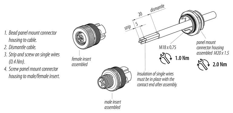 Instrucción de montaje M12 Enchufe de brida, Número de contactos: 3+PE, sin blindaje, tornillo extraíble, IP68, UL 2238, VDE, M20x1,5, Montaje frontal, para la fuente de alimentación (potencia)