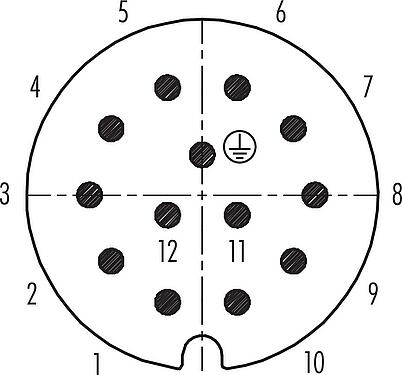 Disposition des contacts (Côté plug-in) RD30 Connecteur mâle coudé, Contacts: 12+PE, 10,0-12,0 mm, non blindé, souder, IP65