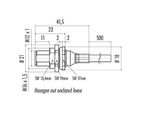 Scale drawing M12 Male panel mount connector, Contacts: 5, shielded, with cable assembled, IP68, M16x1.5, PUR, black, 5 x 0.25 mm², Rear mounting, 0.5 m
