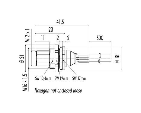 Scale drawing 70 3441 288 05 - M12 Male panel mount connector, Contacts: 5, shielded, with cable assembled, IP68, M16x1.5, PUR, black, 5 x 0.25 mm², front fastened, 0.5 m