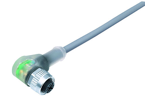 Illustration 77 3634 0000 20003-1000 - M12 Female angled connector, Contacts: 3, unshielded, moulded on the cable, IP68/IP69K, UL, PVC, grey, 3 x 0.34 mm², with LED PNP closer, 10 m