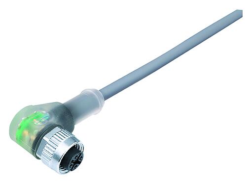 Ilustración M12 Conector hembra en ángulo, Número de contactos: 3, sin blindaje, moldeado en el cable, IP68/IP69K, UL 2238, PVC, gris, 3 x 0,34 mm², con LED PNP, 5 m