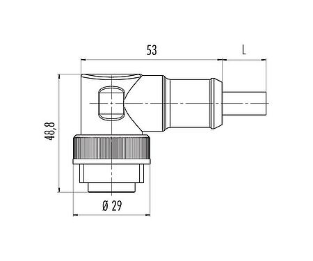 Dibujo a escala RD24 Conector macho en ángulo, Número de contactos: 6+PE, sin blindaje, moldeado en el cable, IP67, PVC, negro, 7 x 0,75 mm², 2 m