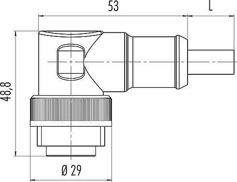 Scale drawing RD24 Male angled connector, Contacts: 3+PE, unshielded, moulded on the cable, IP67, PVC, black, 4 x 1.50 mm², 2 m
