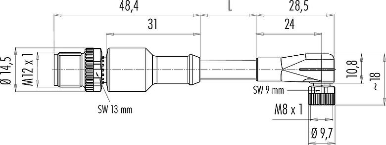 Dessin coté M12/M8 Connecteur mâle - connecteur d‘angle femelle, Contacts: 3, non blindé, surmoulé sur le câble, IP67/IP69K, PUR, noir, 3 x 0,25 mm², avec LED, PNP, 2 m