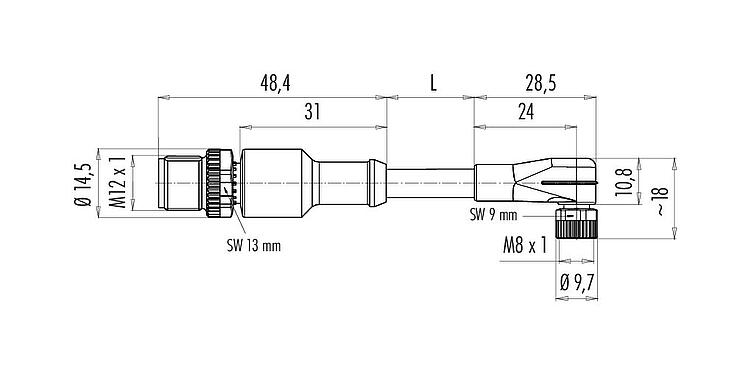 Scale drawing M12/M8 Male cable connector - female angled connector, Contacts: 3, unshielded, moulded on the cable, IP67/IP69K, UL 2238, PLTC, TPE-E, yellow, 4 x AWG 22, 0.3 m