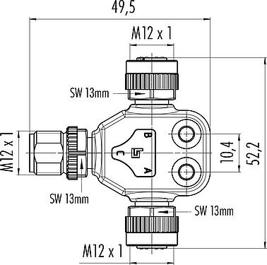 Scale drawing M12 Twin distributors, T-distributor, male connector - 2 female connector, Contacts: 5, unshielded, pluggable, IP68, UL 2238