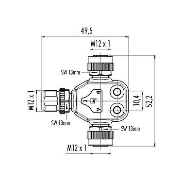 Dessin coté M12 Répartiteur double, T-distributeur, mâle - 2 femelle, Contacts: 5, non blindé, enfichable, IP68, UL 2238