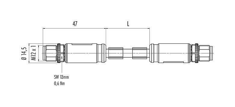 Scale drawing M12 Connecting cable 2 male cable connectors, Contacts: 8, shielded, moulded on the cable, IP67, UL, PUR, green, AWG 26/7, 10 m