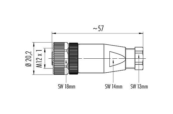 Dessin coté M12 Connecteur femelle, Contacts: 4, 6,0-8,0 mm, non blindé, sertir (Les contacts à sertir doivent être commandés séparément), IP67, UL 2238