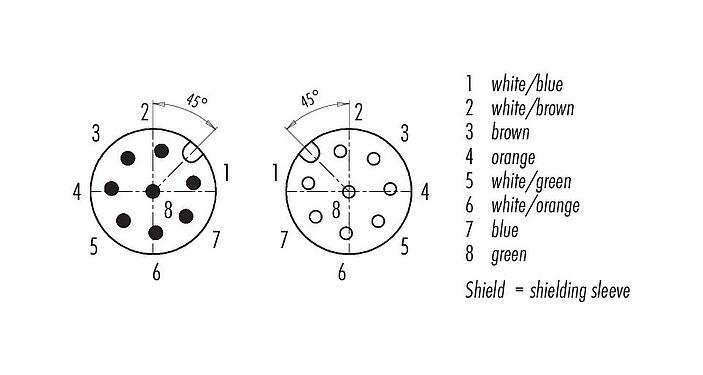 Contact arrangement (Plug-in side) M12 Connecting cable male cable connector - female cable connector, Contacts: 8, shielded, moulded on the cable, IP67, Ethernet CAT5e, TPE, teal, 4 x 2 x AWG 24, 5 m