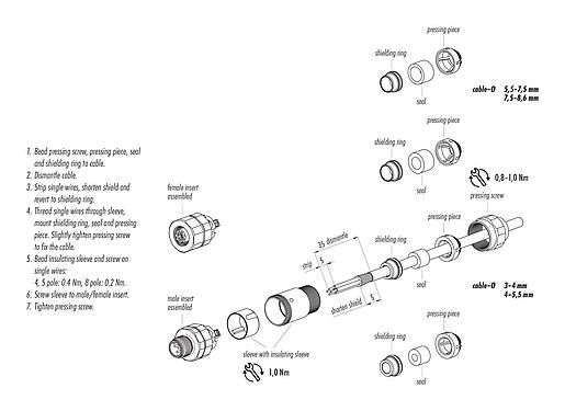 Instructions de montage M12 Connecteur mâle, Contacts: 5, 5,5-8,6 mm, blindable, pince à visser, IP68/IP69K, UL 2238, Ecolab, Acier inoxydable, avec anneau de protection
